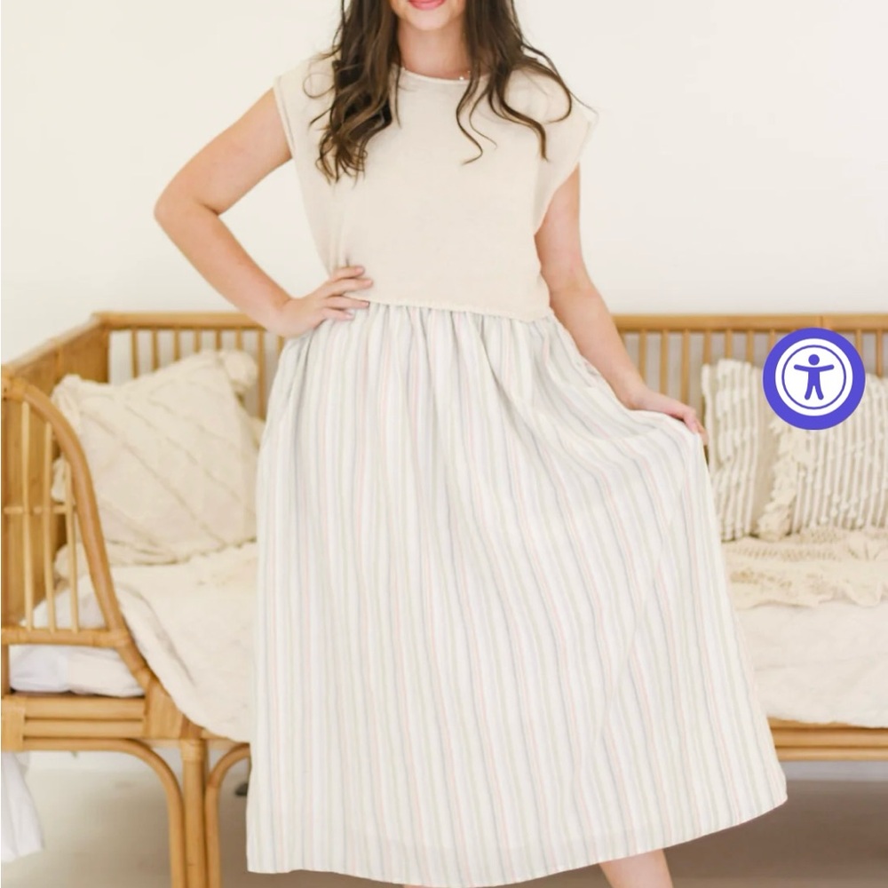 Sage Knit Striped Skirt Pocketed Sleeveless Midi Dress